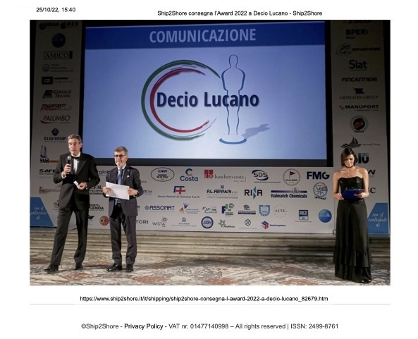 Ship2Shore consegna l’Award 2022 a Decio
Lucano - Ship2Shore
